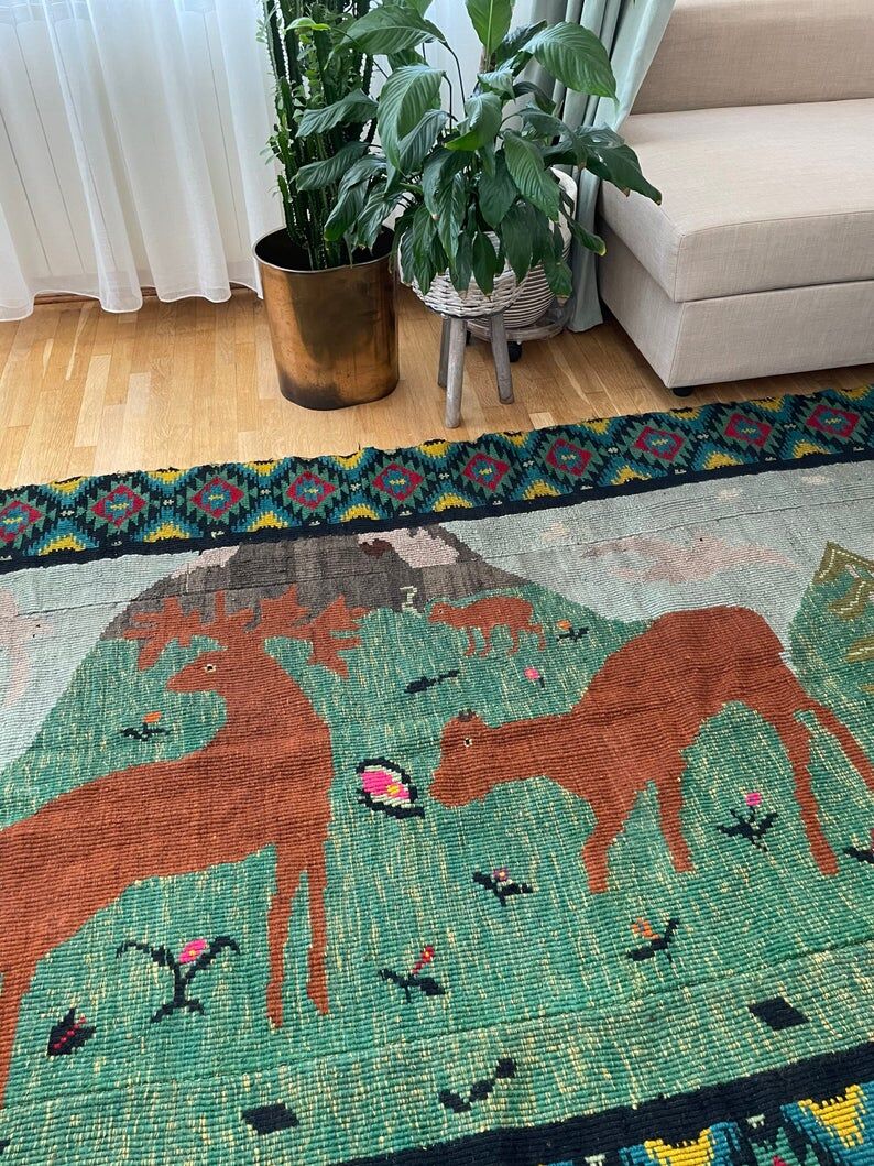 Romanian vintage rug with deers, nature scenery