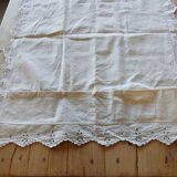 Ensemble ancien drap plat et 2 taies d'oreiller