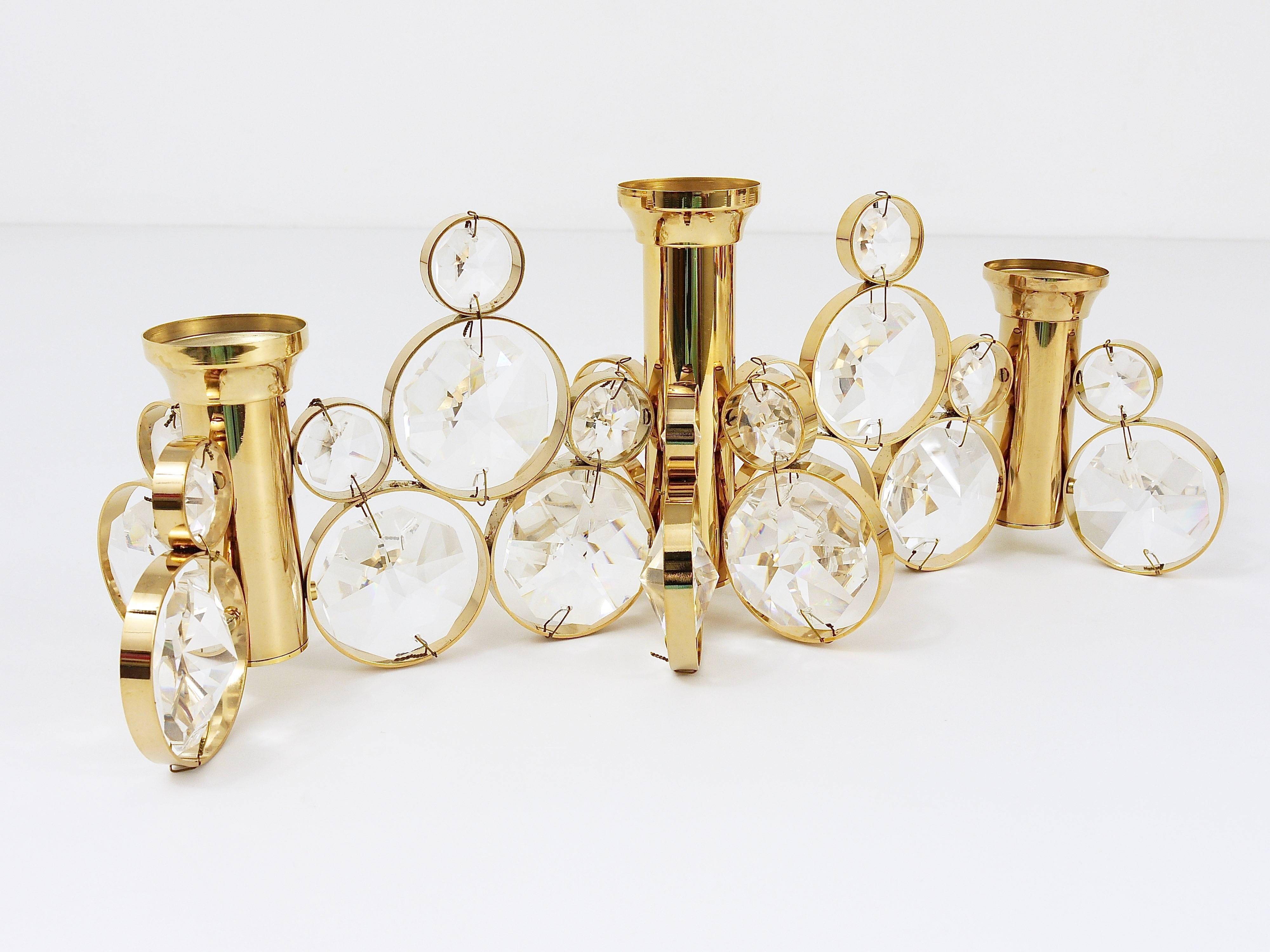 5 Palwa Style Candle Holders by Gaetano Sciolari in Brass and Crystal, 1970s