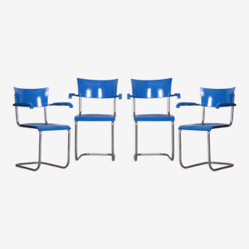 Set of four blue restored beech armchairs by Mart Stam, Germany, 1930s