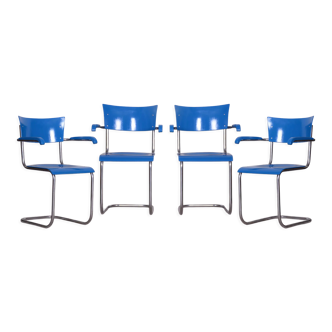 Set of four blue restored beech armchairs by Mart Stam, Germany, 1930s