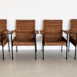Rattan wicker and iron lounge chairs, set of 4