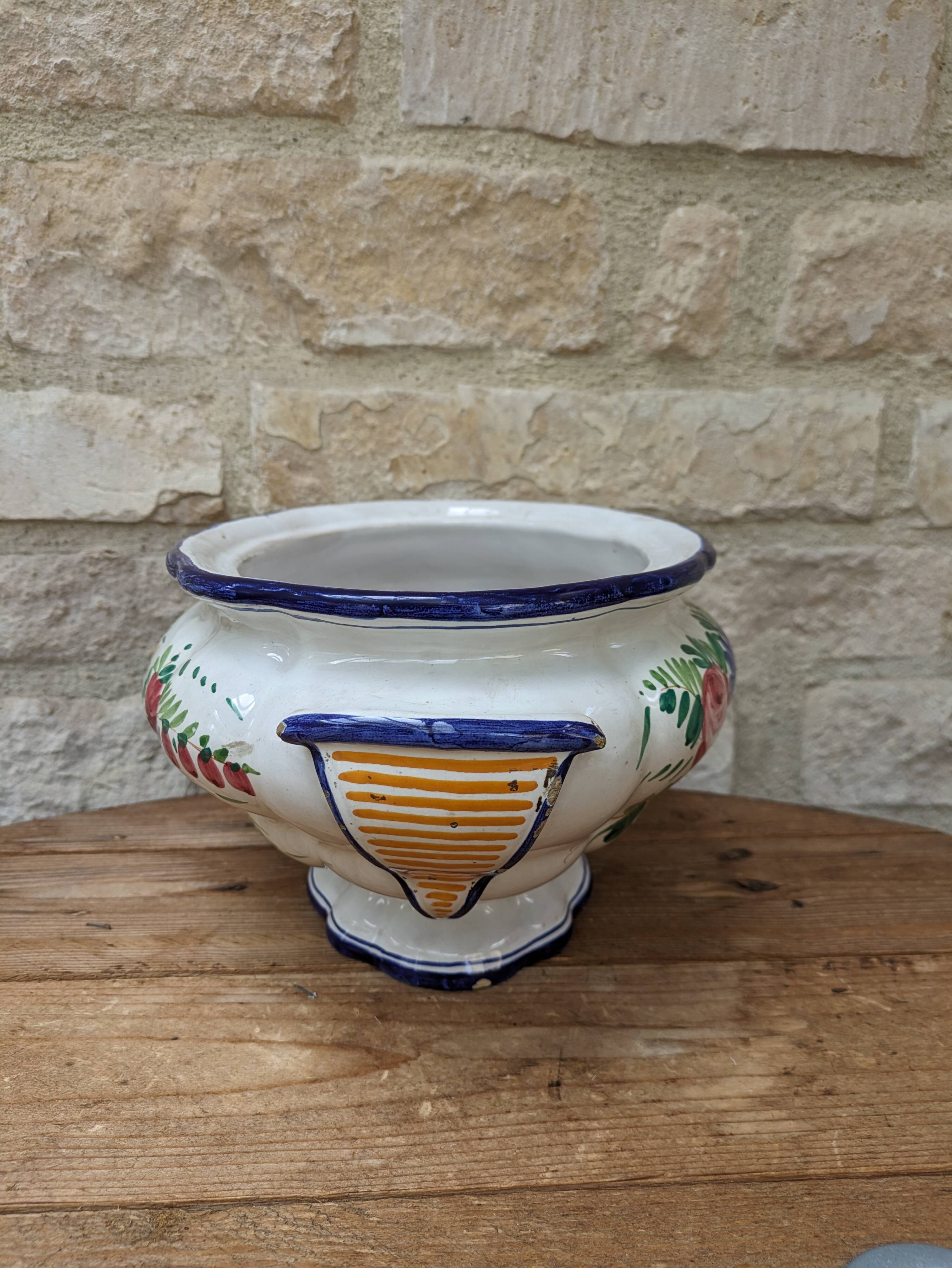 Old serving dish, vegetable dish, soup tureen without lid, flower decoration