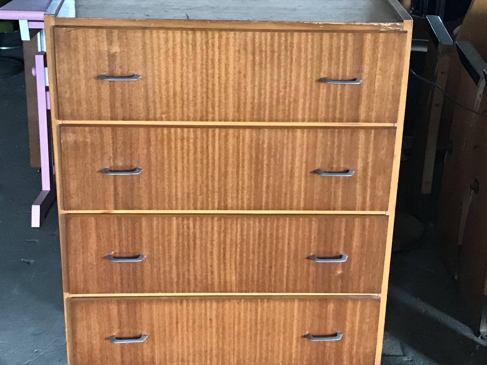 Commode Varia marron en contreplaqué, 4 tiroirs, poignées métal, style scandinave années 1960