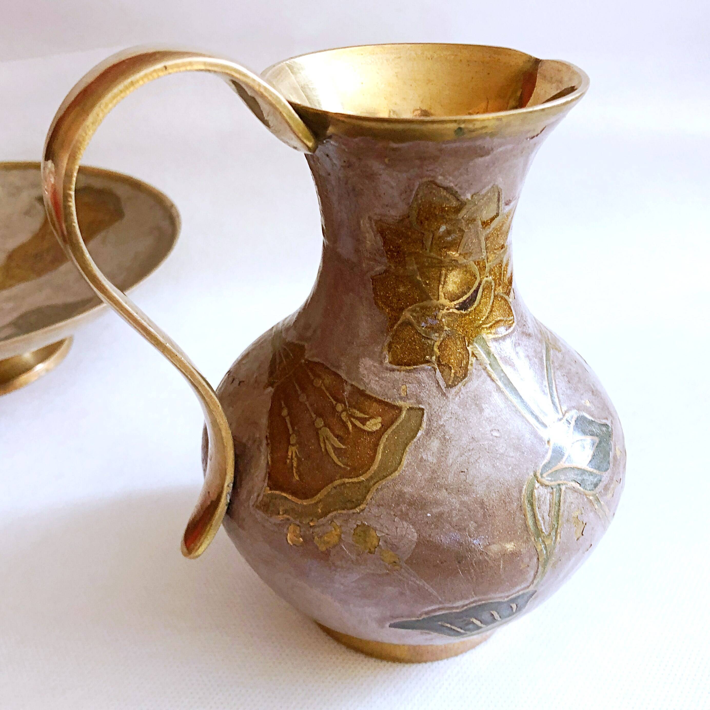 Enamelled brass carafe and cup set