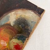 Old oil painting on cardboard bouquet of flowers and fruits