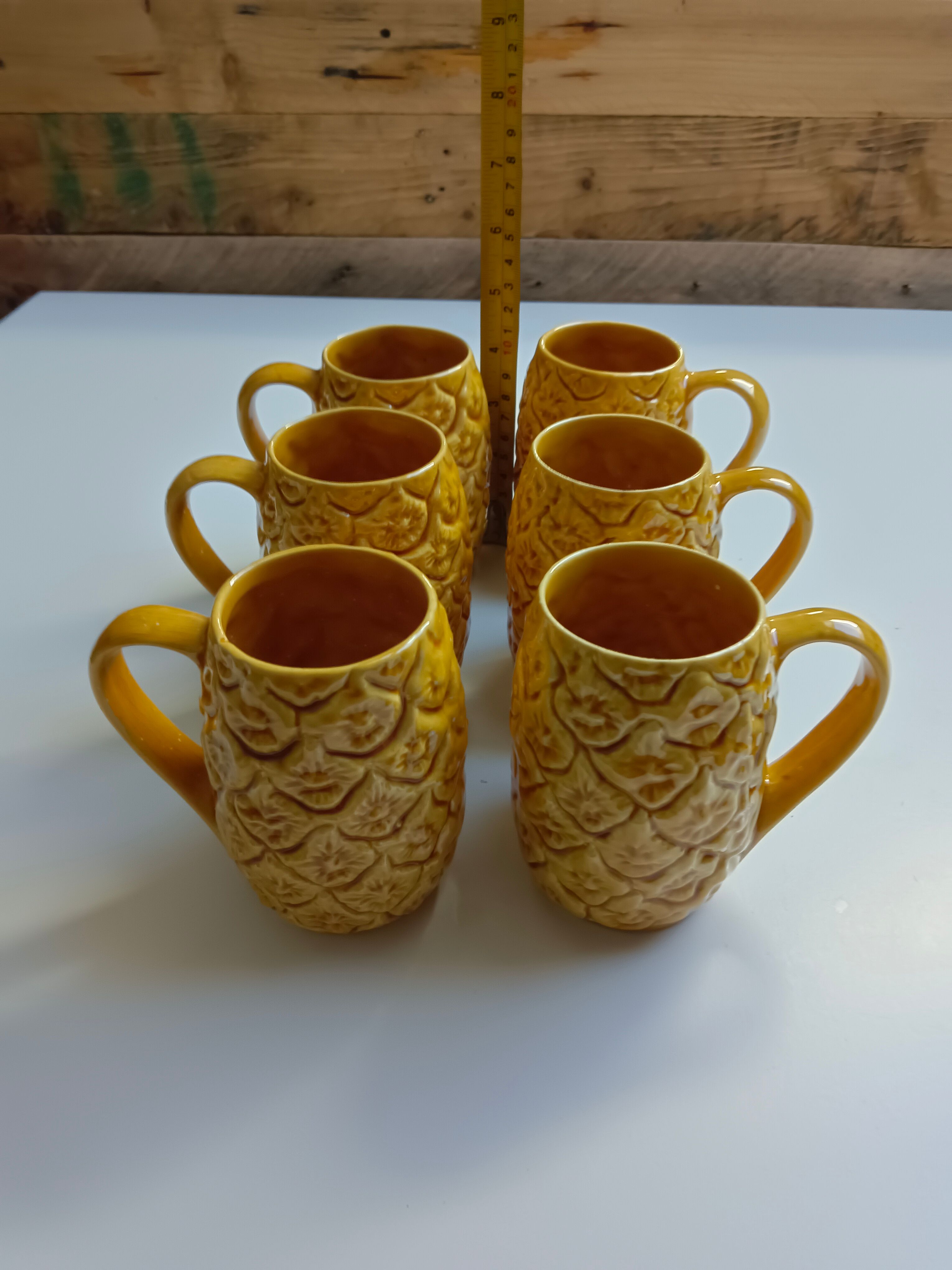 Handmade yellow pineapple mugs signed Kerangol made in Portugal.