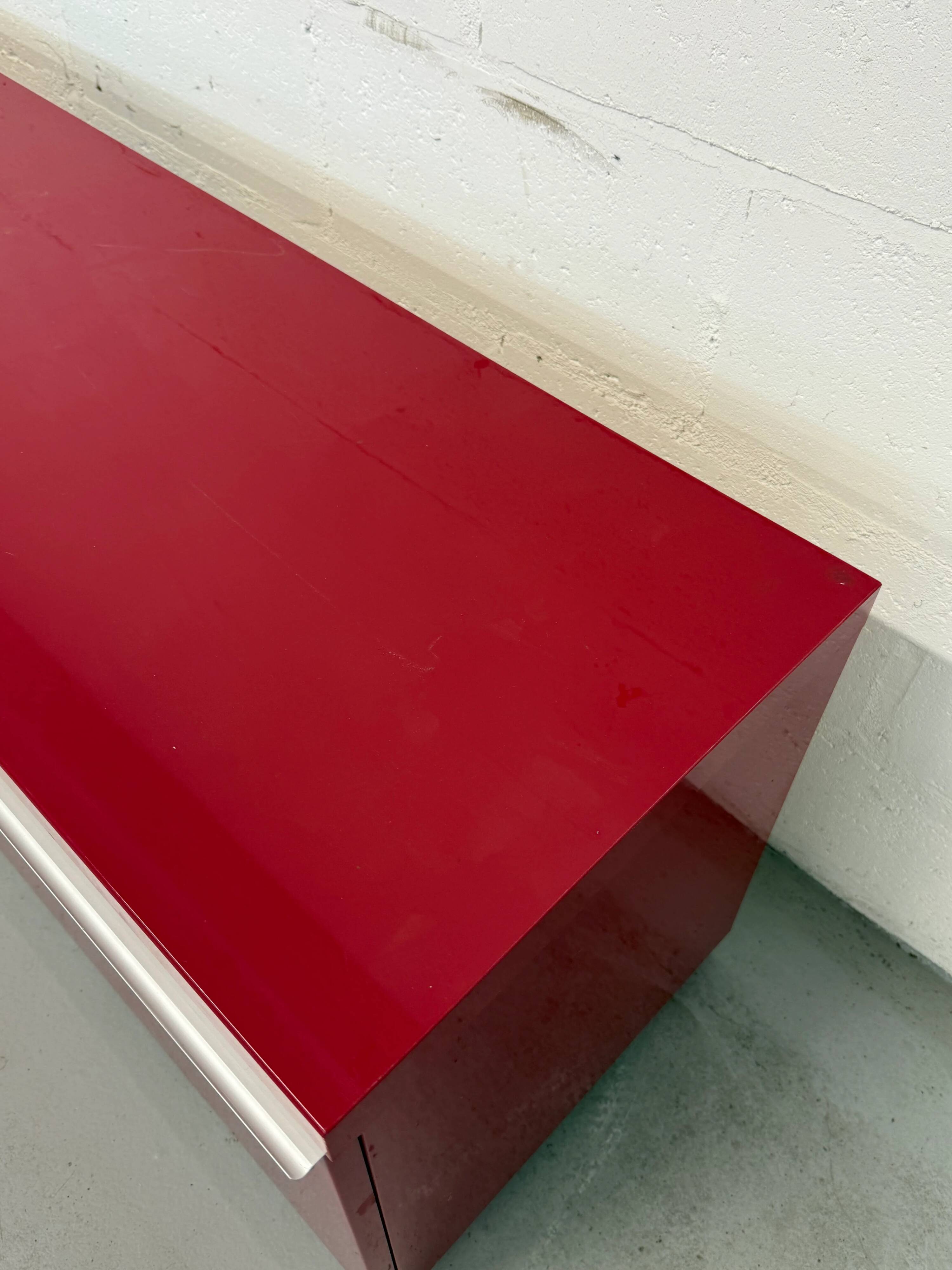 Glossy red semi-vintage lacquered IKEA sideboard with drawers