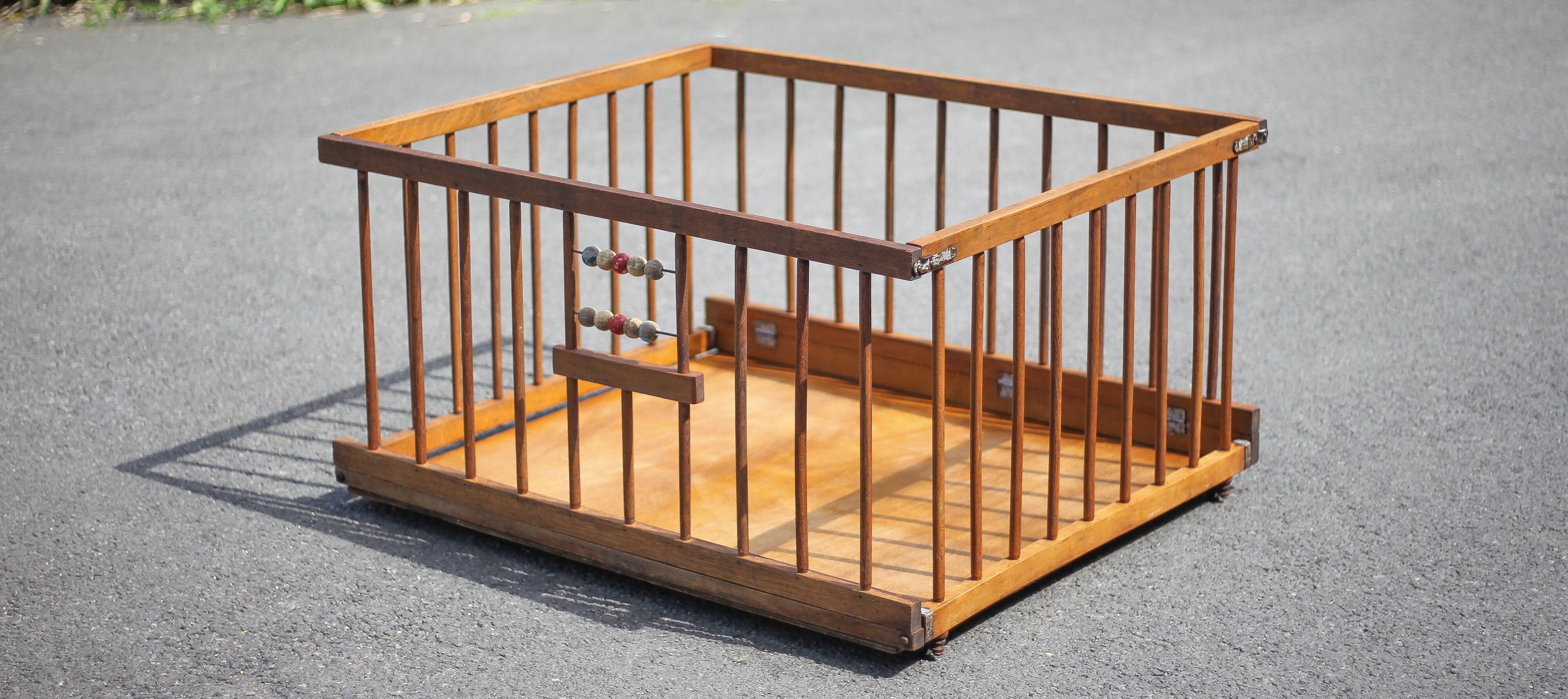 Folding wooden baby park on wheels, vintage park