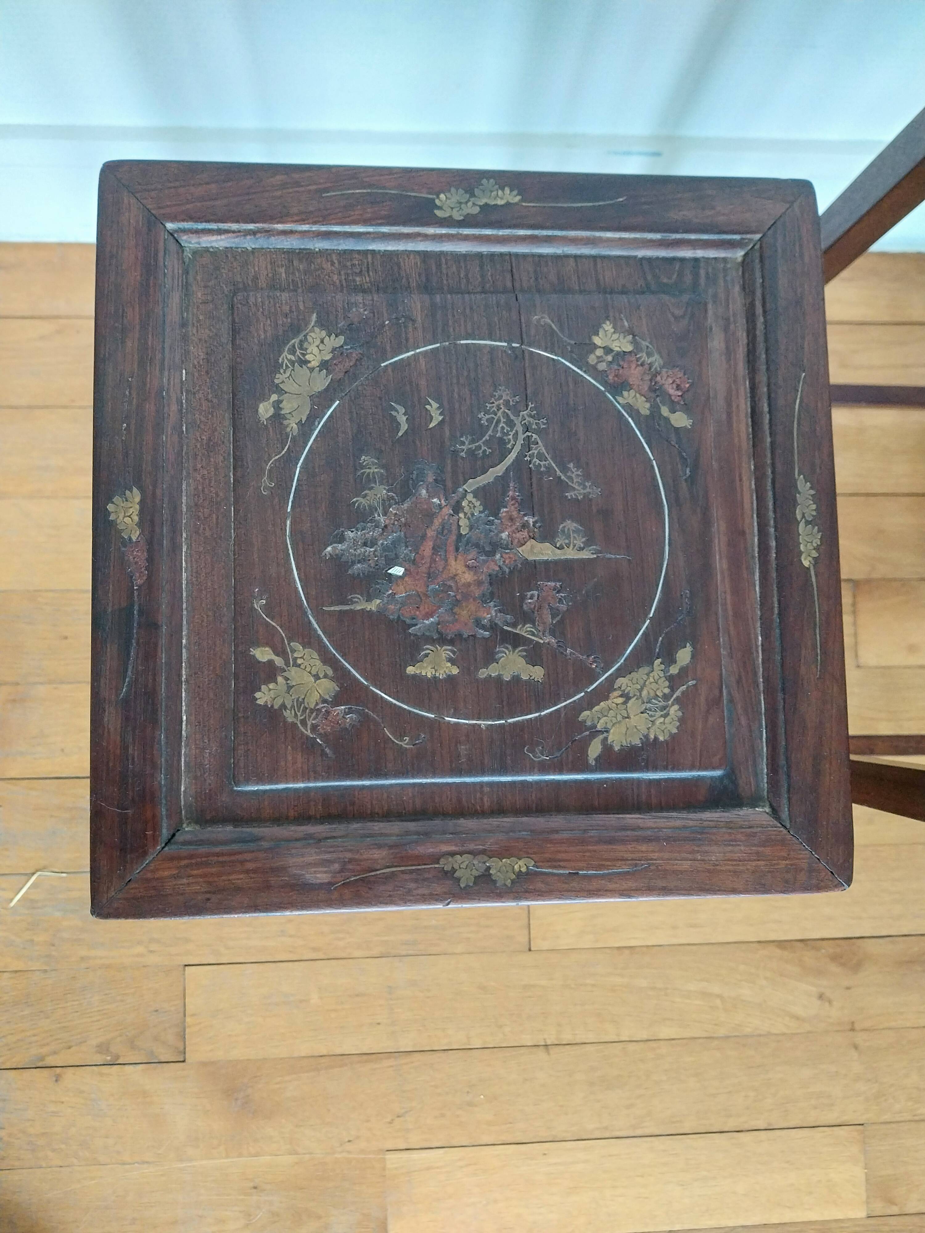 3 Chinese nesting tables in wood and brass.