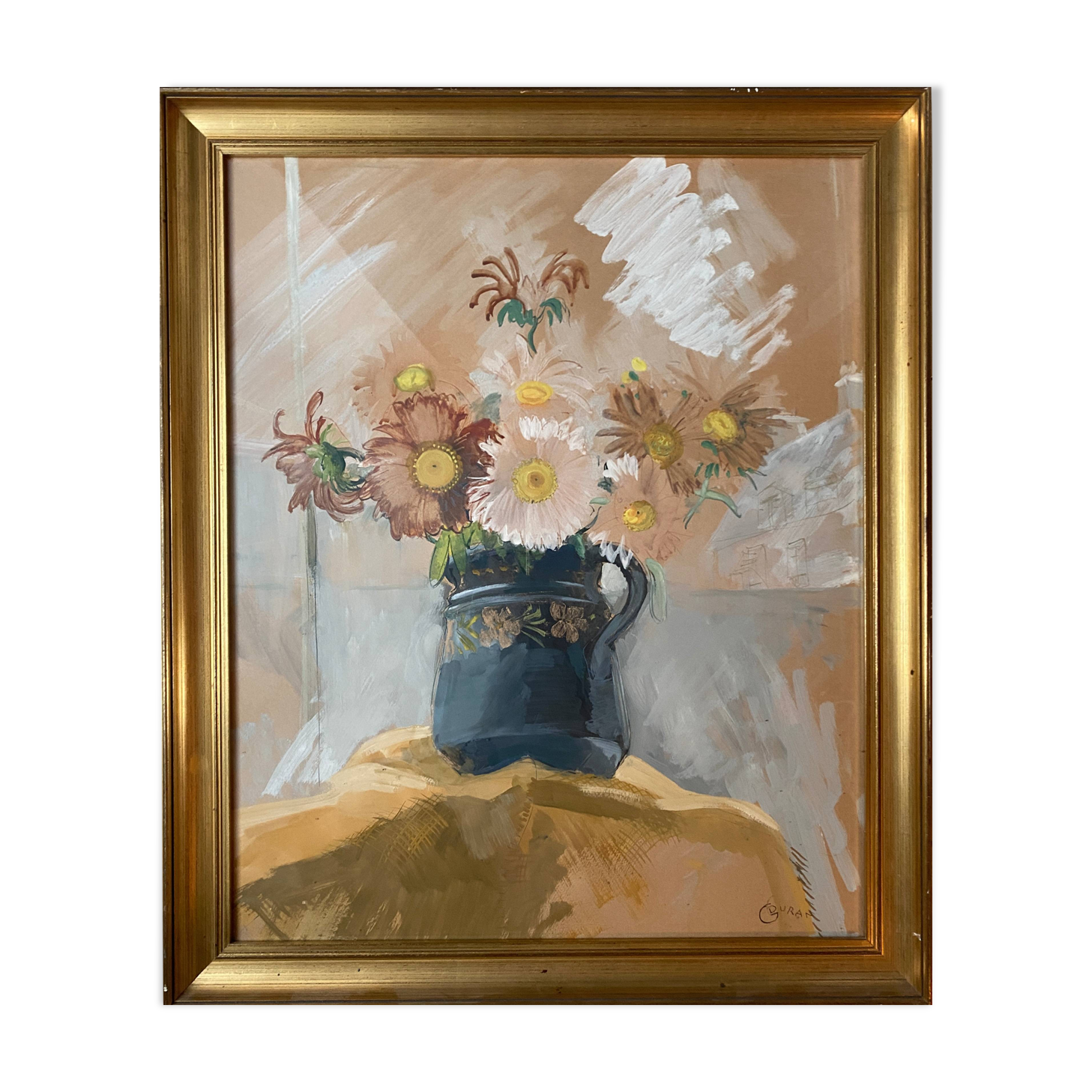 Gouache painting "floral composition" signed G. Duran + frame