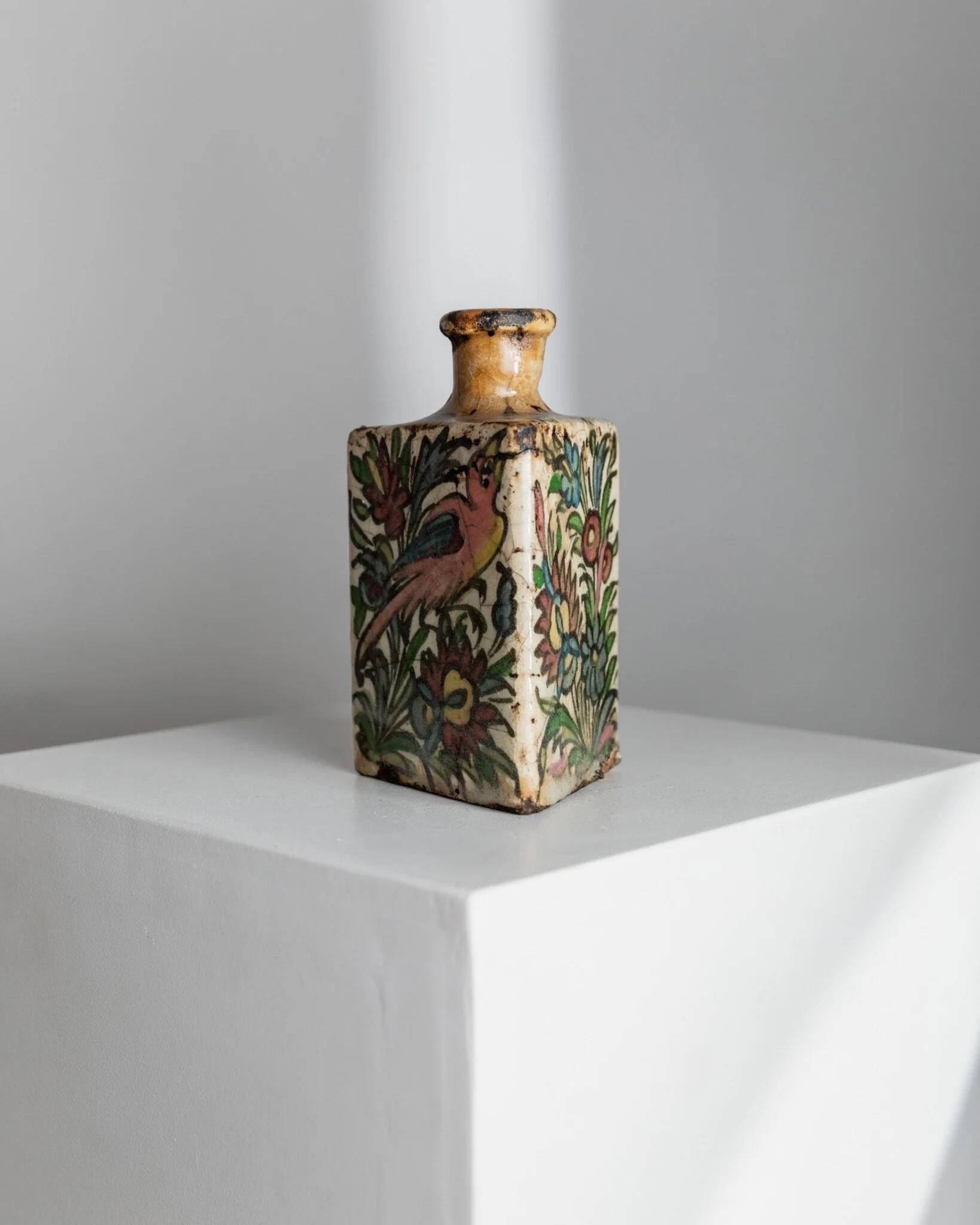 Multicolored Terracotta Bottle from Qajar Dynasty Iran, 19th Century – Hand-Painted, Unique Decorative Piece