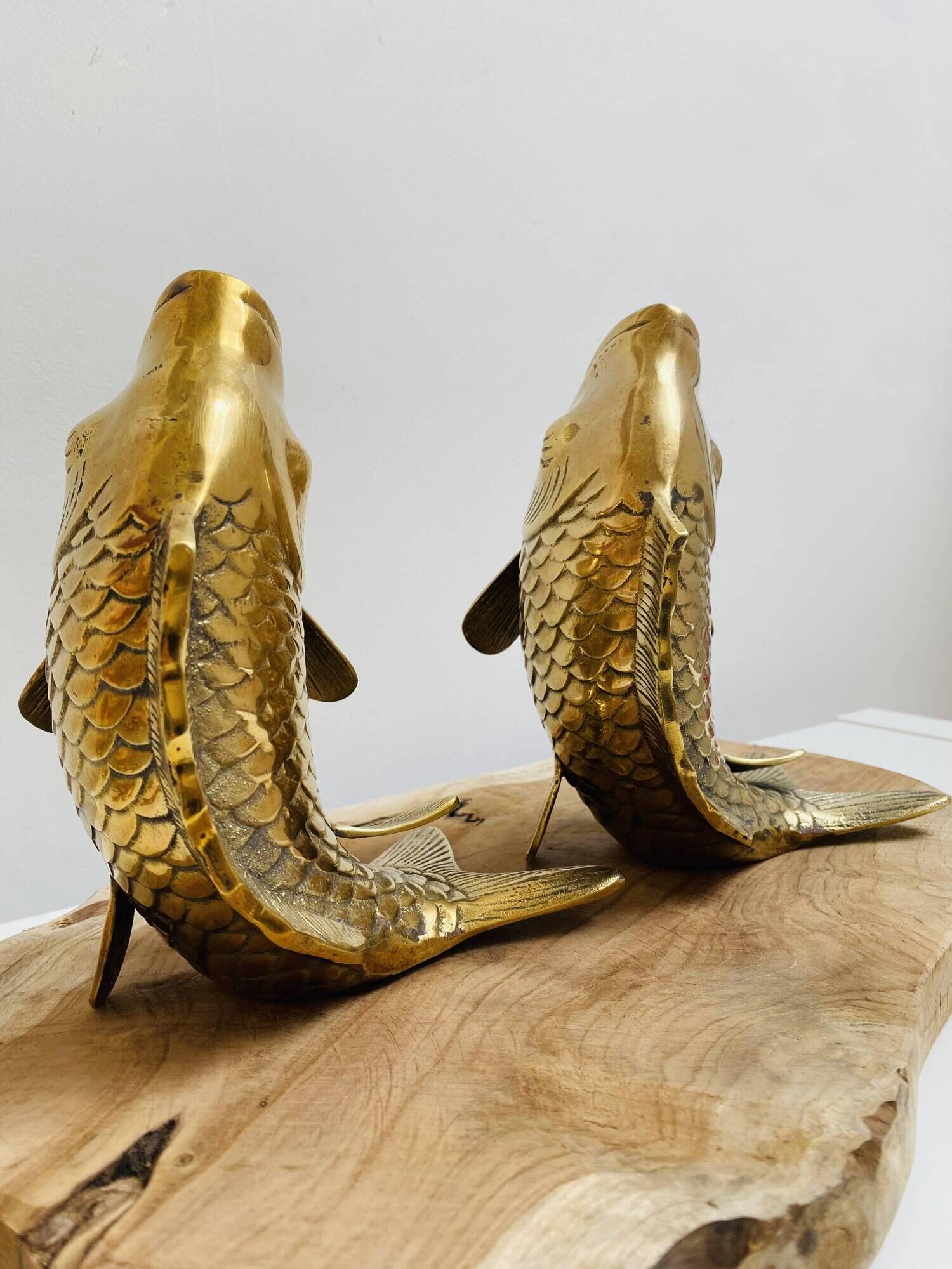 Pair of koi carp vases in brass, animal sculpture
