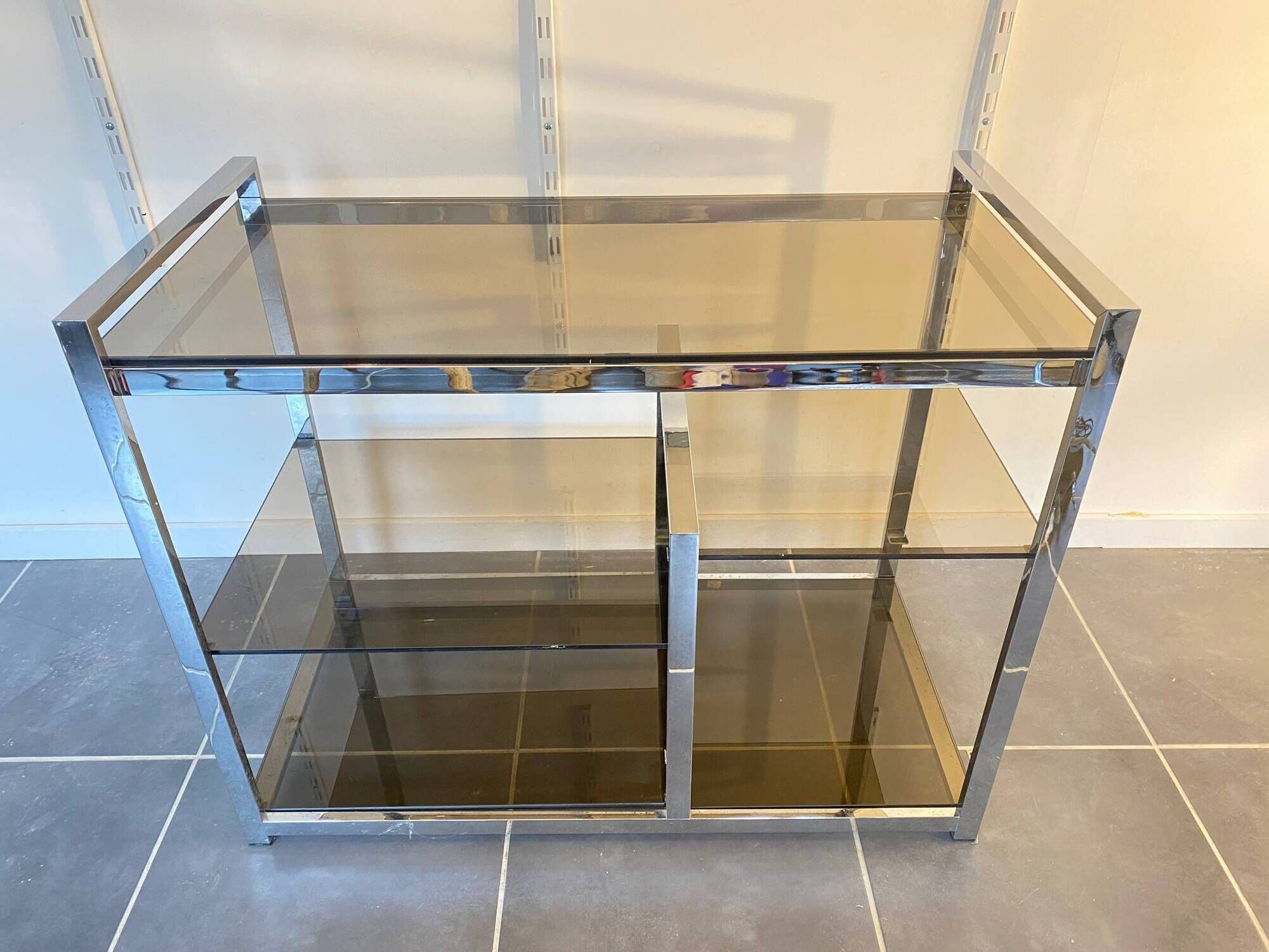 TV storage unit in chrome steel and vintage glass 1970