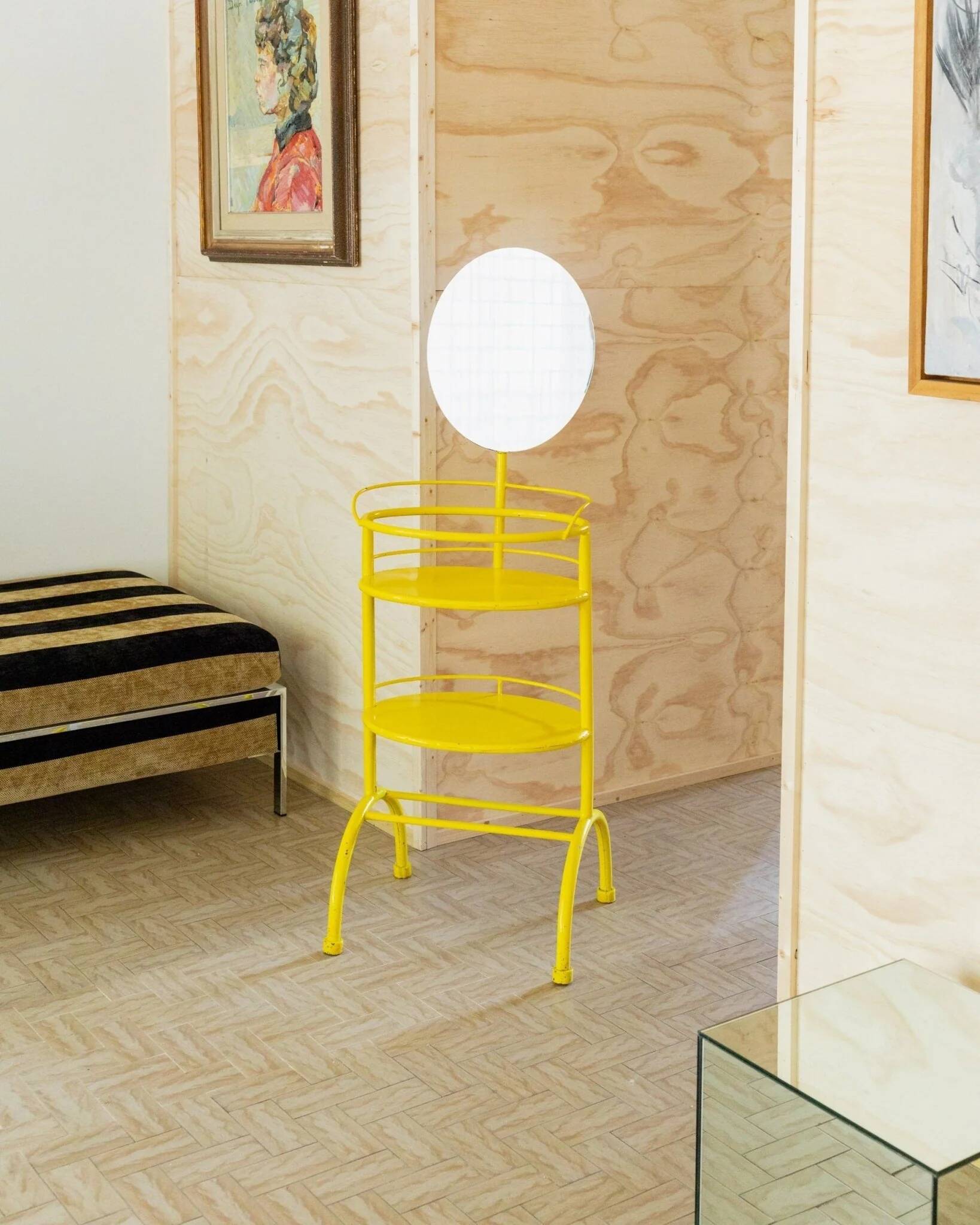Vintage metal side table with mirror, 1960s - multifunctional yellow shelf from Italy.