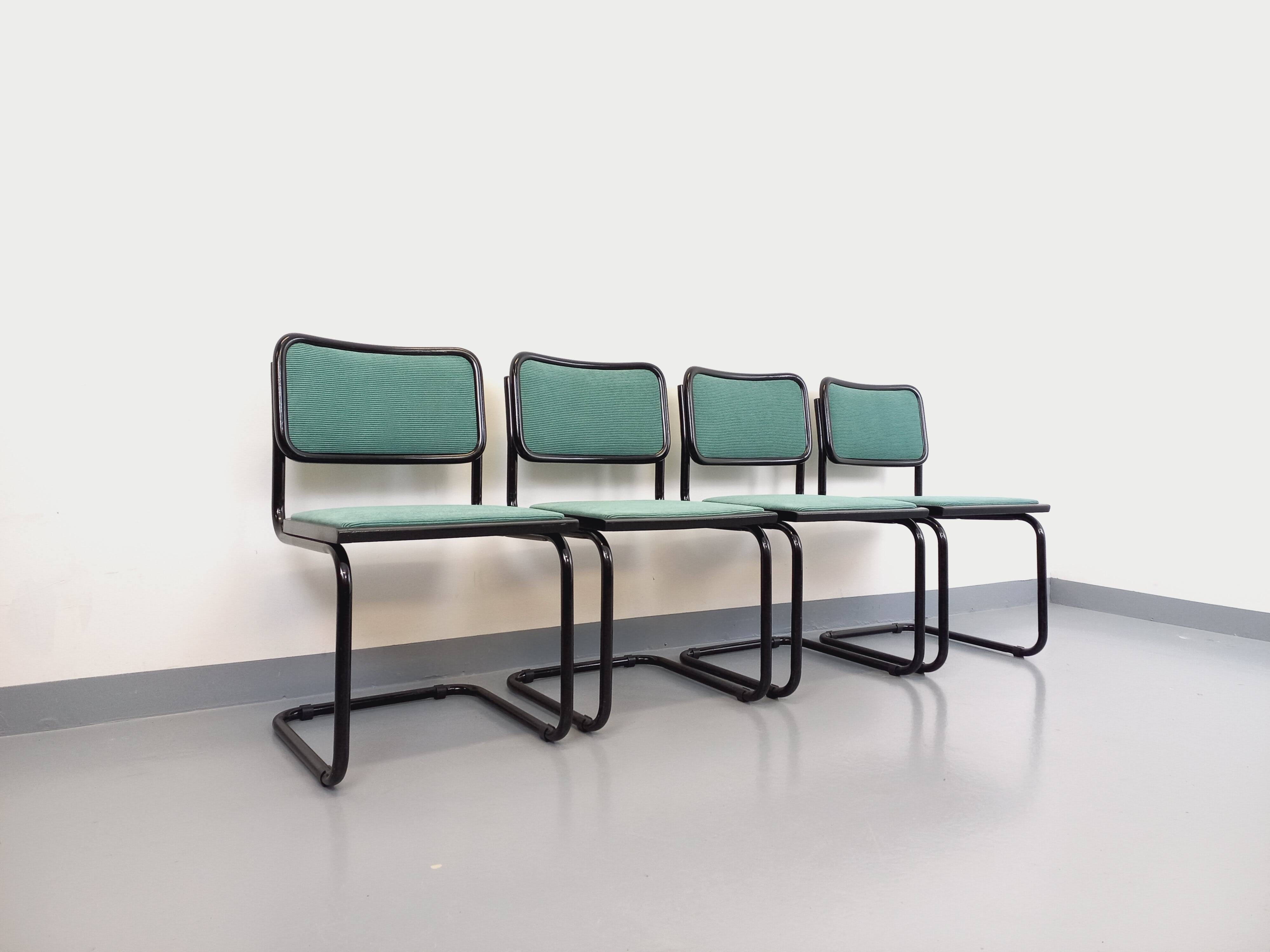 Set of 4 vintage Marcel Breuer Cesca B32 Bauhaus style chairs in black metal, black wood and v fabric