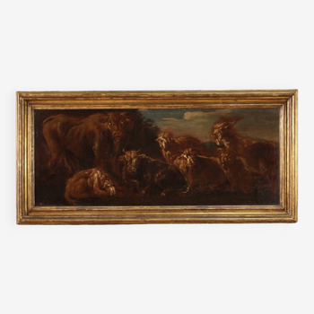 Italian painting from the 17th century, landscape with grazing goats and cows