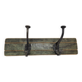 Solid teak coat hook with 2 double cast iron hooks
