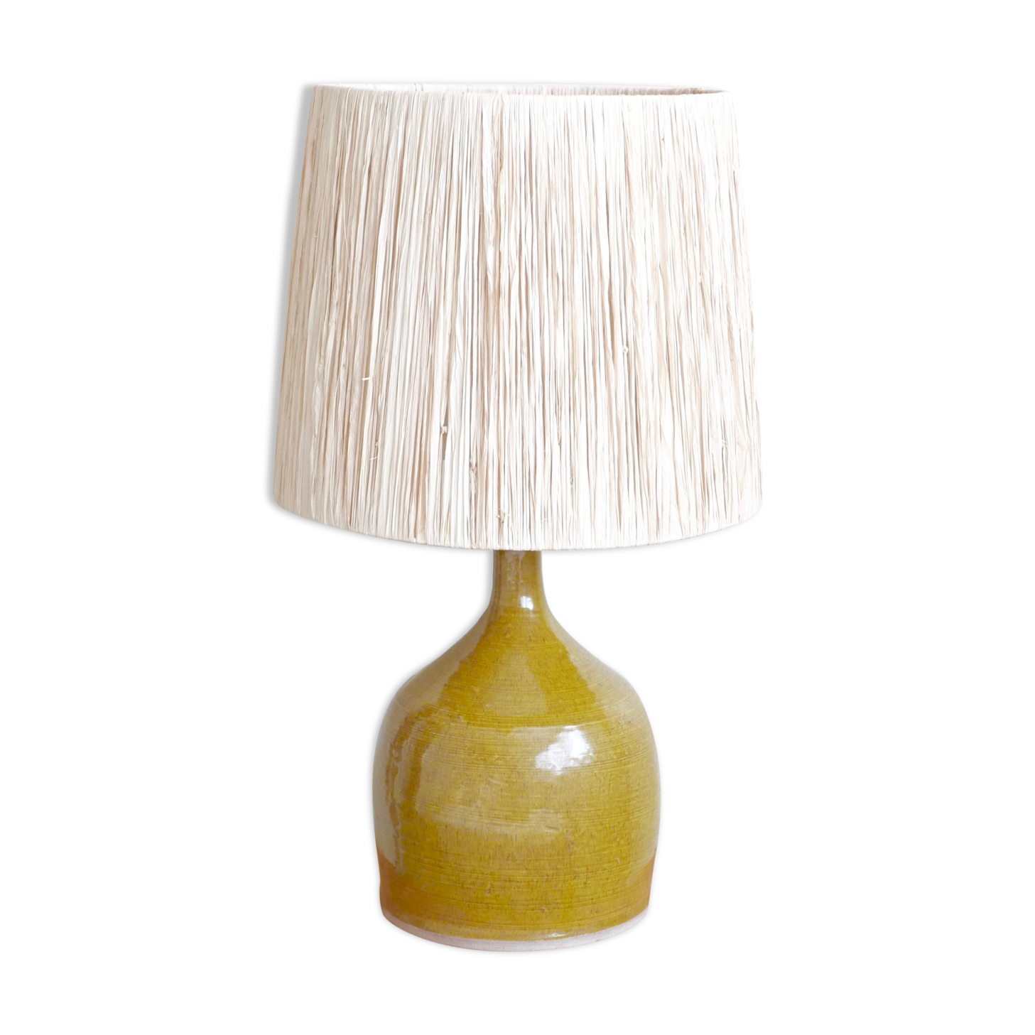 Aniseed green ceramic pottery lamp, raffia lampshade, 70s