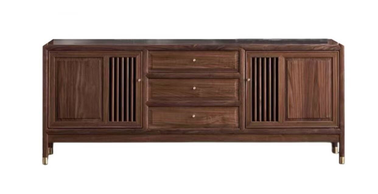 Enfilade chinois en orme ancien finition noyer, portes ajourées et