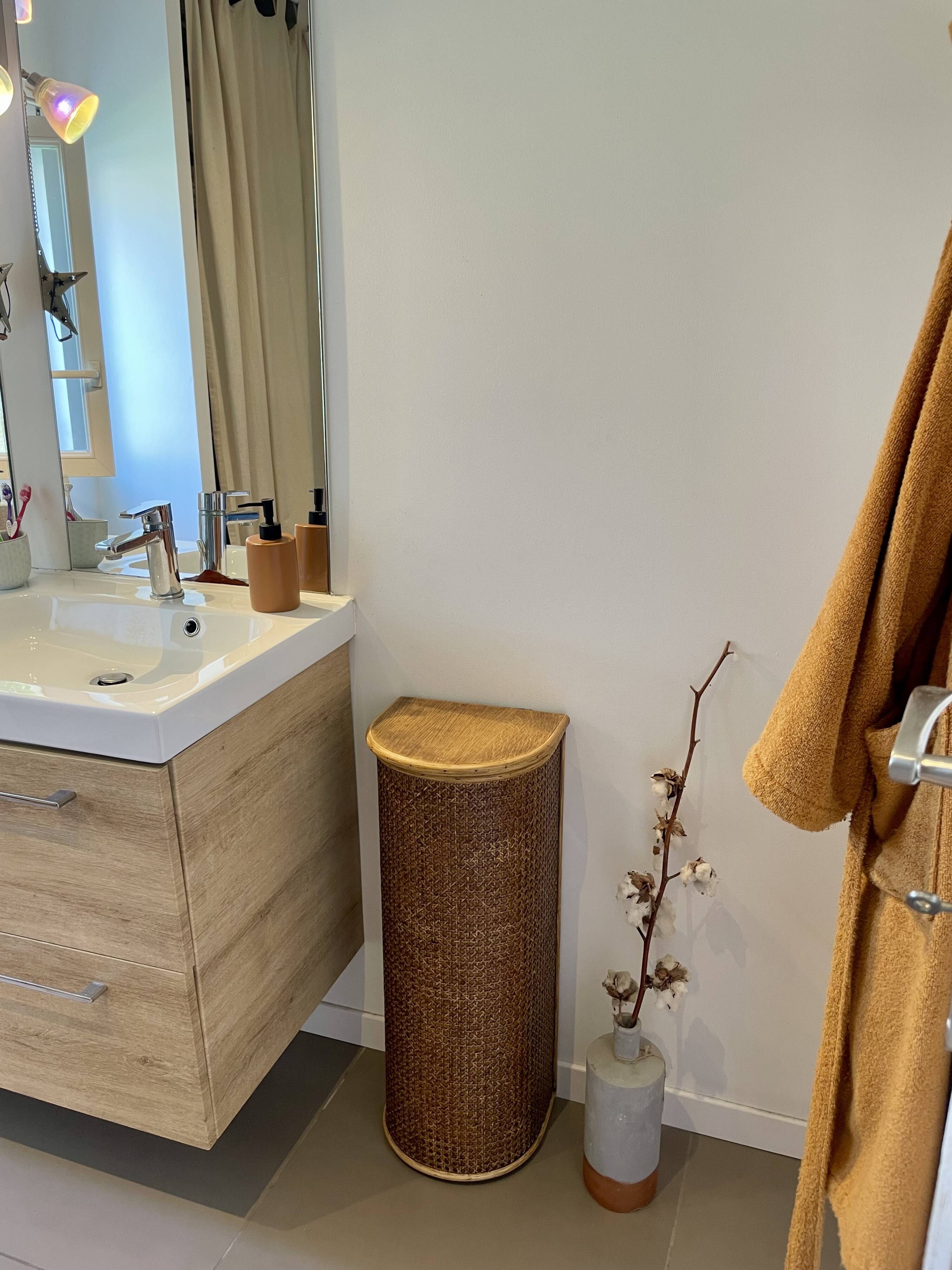 Wooden and cane storage basket with lid