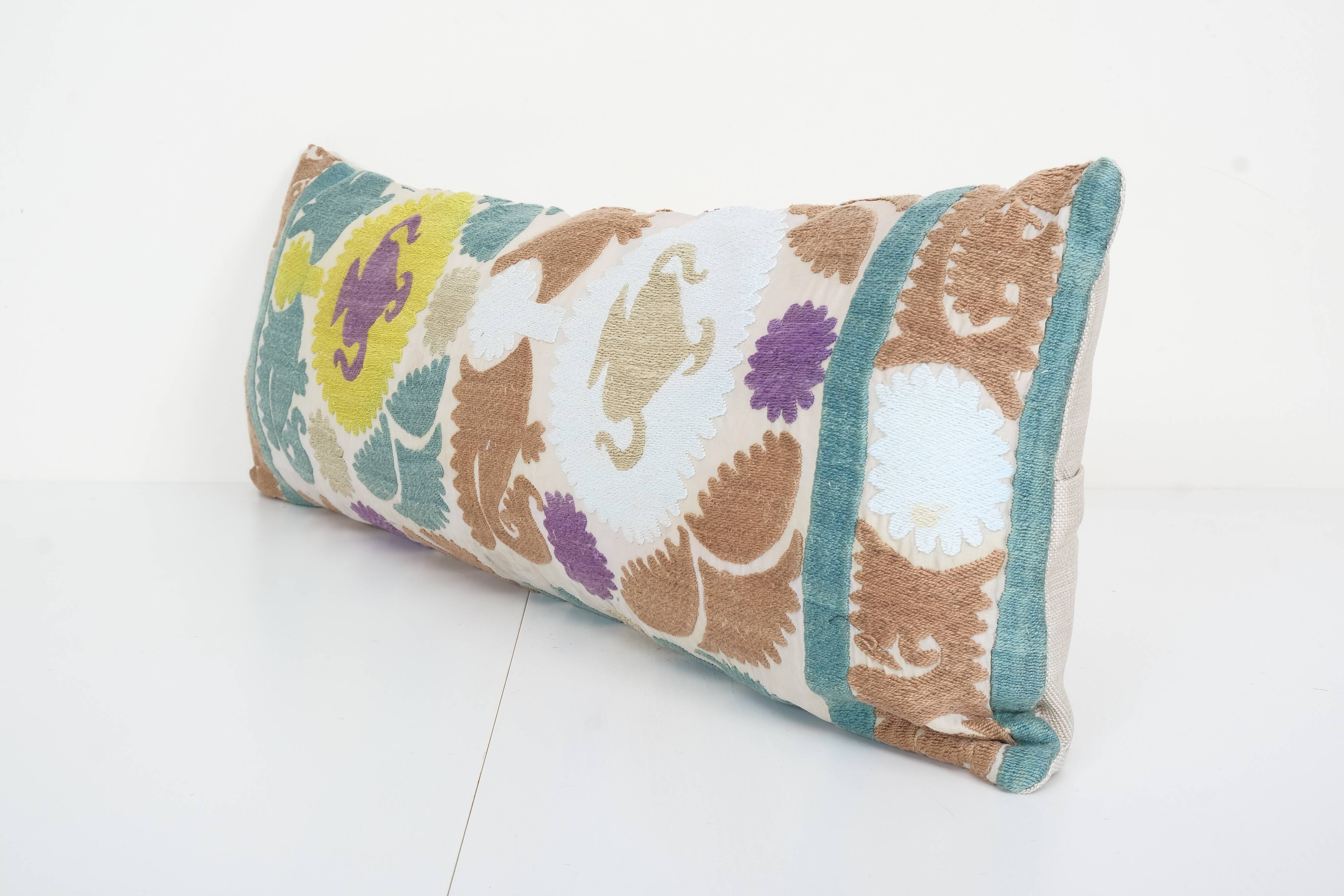 10" x 30" uzbek colorful suzani cushion cover, suzani pillow case made from a 19th century suzani