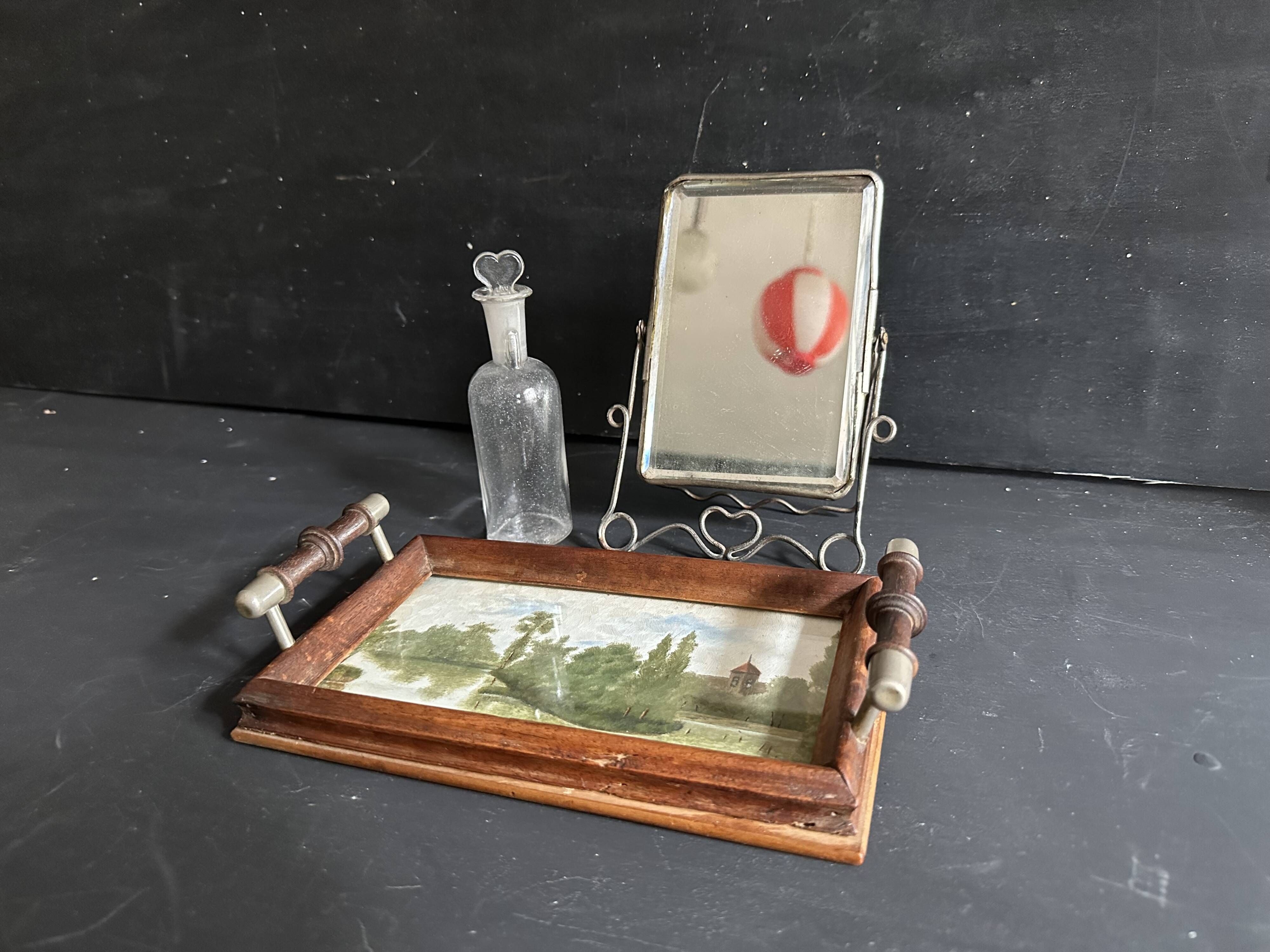 Antique miniature plateau, oil painting, turned wood and brass.