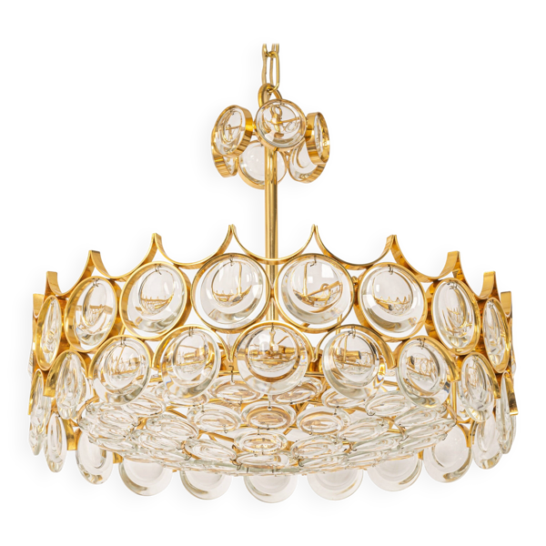 Lustre en laiton et cristal design Sciolari par Palwa, Allemagne, années 1970