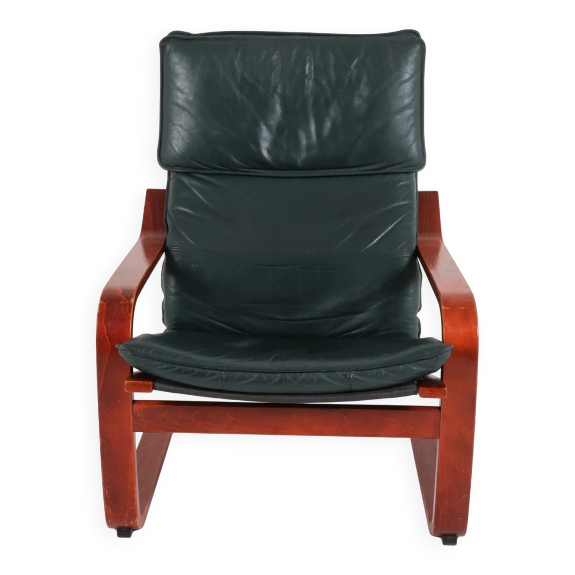 Vintage Scandinavian POÄNG armchair in fir green leather – IKEA, 1980s
