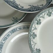 Lot 6 blue and green ironstone plates, antique French earthenware.