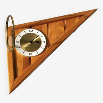 Triangular clock in wood, glass & brass - Germany 1960s