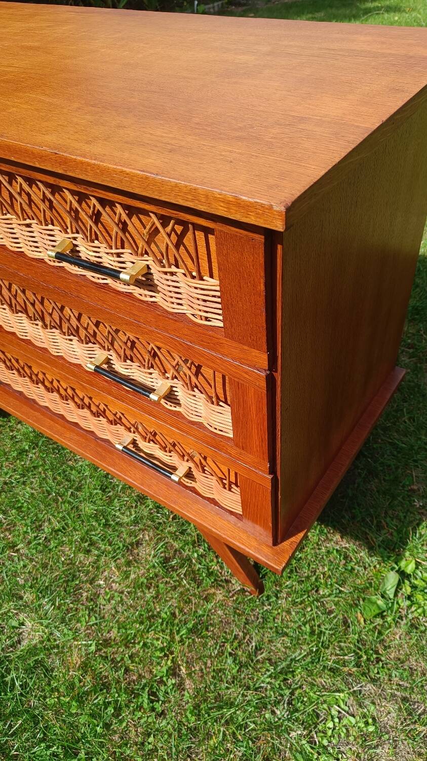 Rattan and wood splayed-leg chest of drawers