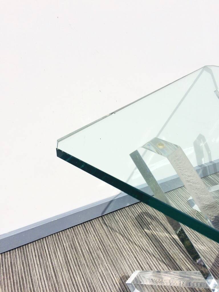 Square coffee table ' Trestles '. Plexi & glass. Vintage 80s