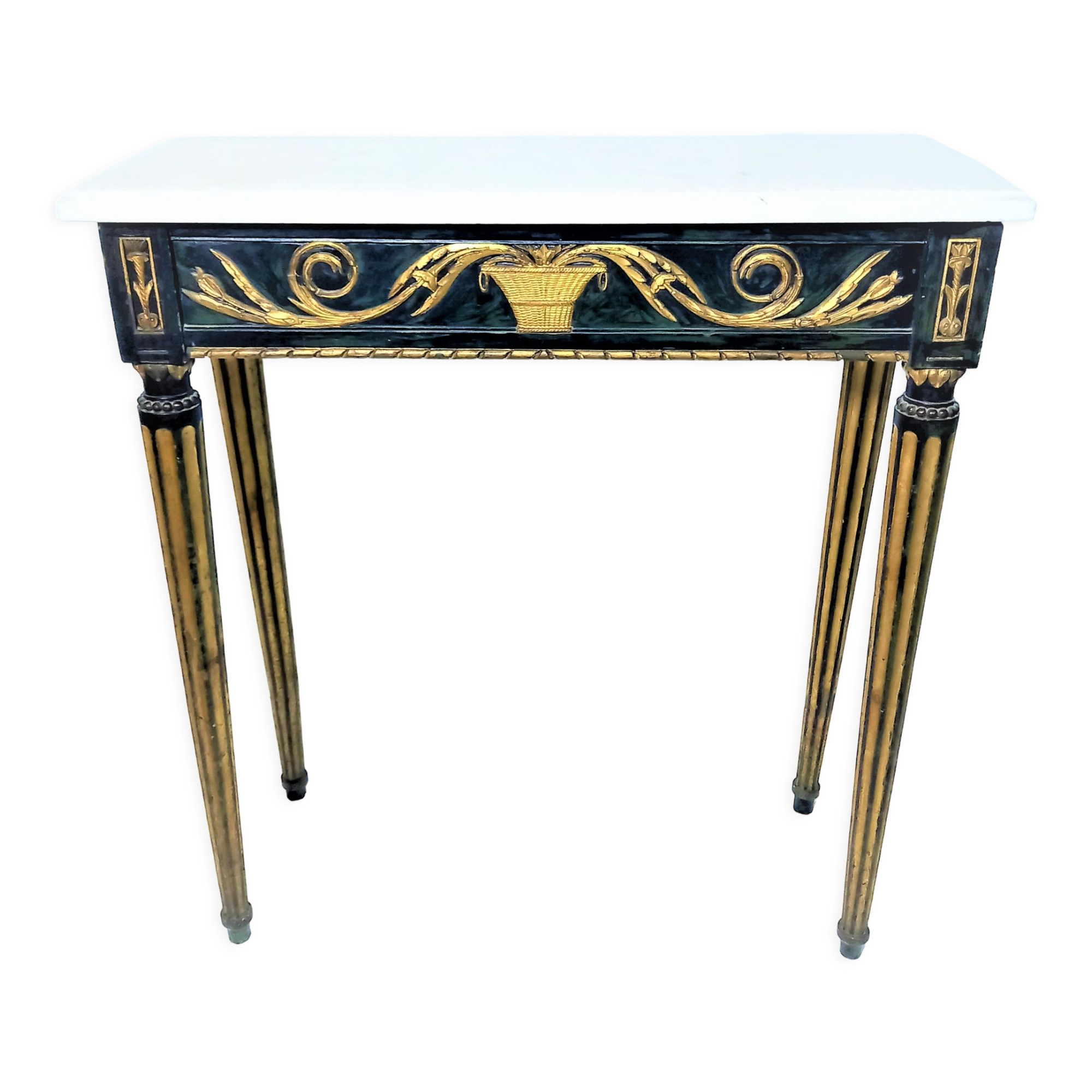 19th century Louis XVI style console table in black and gold with white marble shelf