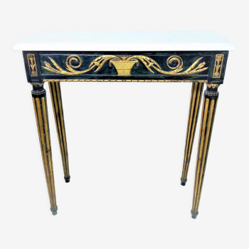 19th century Louis XVI style console table in black and gold with white marble shelf