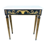 19th century Louis XVI style console table in black and gold with white marble shelf