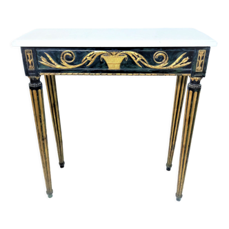 19th century Louis XVI style console table in black and gold with white marble shelf
