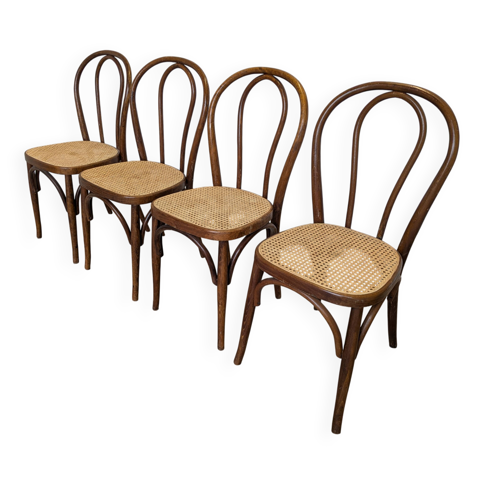 Set of 4 Vintage Thonet Style Dining Chairs: Bentwood Cane Seat, 1970s Bist