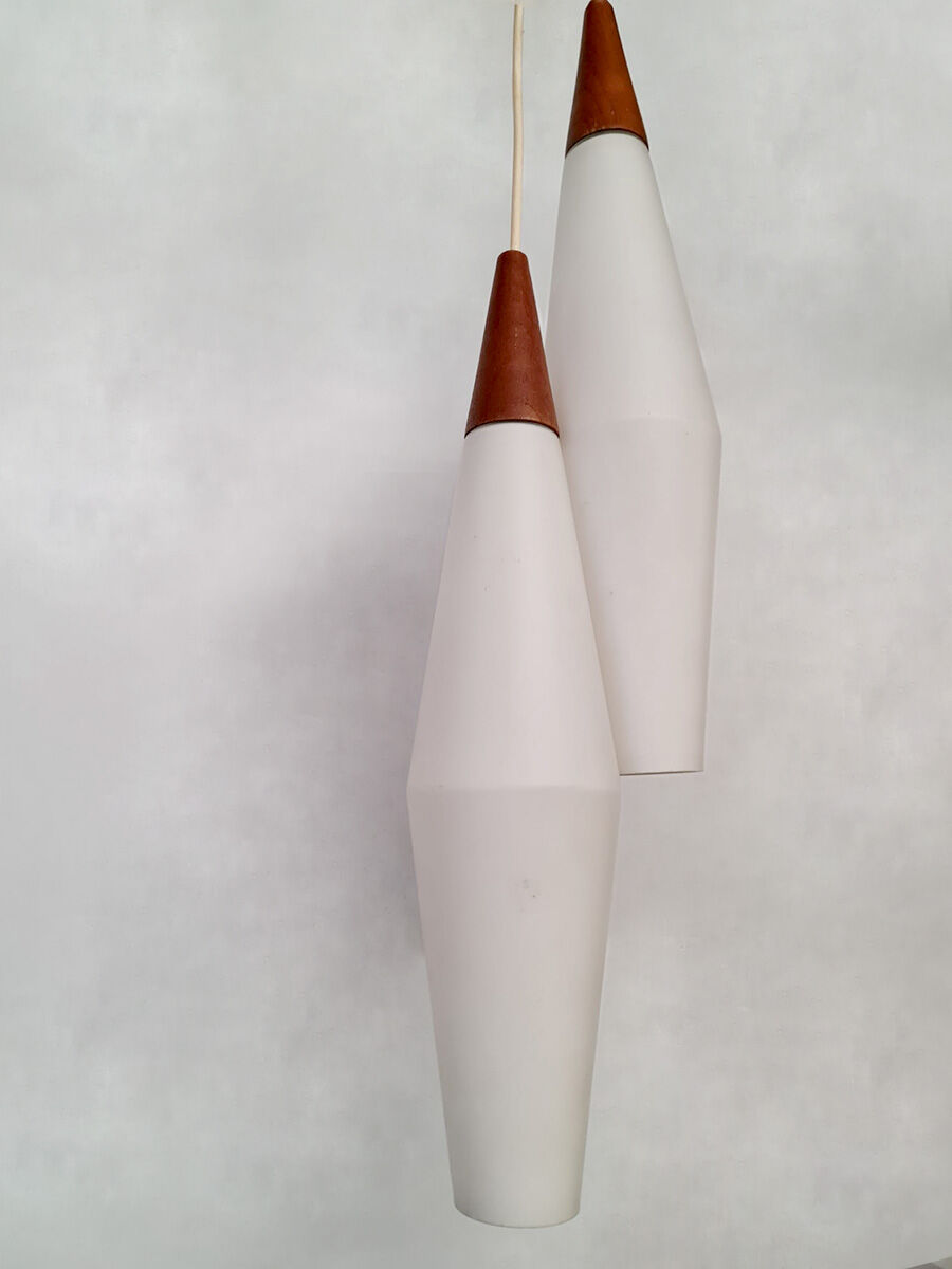 Vintage danish teak frosted glass pendants