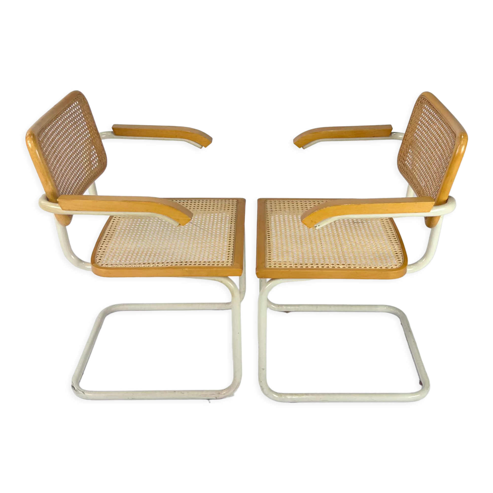 Set of 2 Tubular Frame and Cane Cantilever Arm chairs, Italy, 1970s