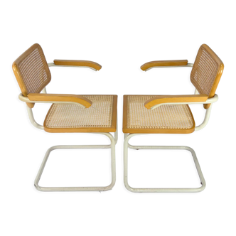 Set of 2 Tubular Frame and Cane Cantilever Arm chairs, Italy, 1970s