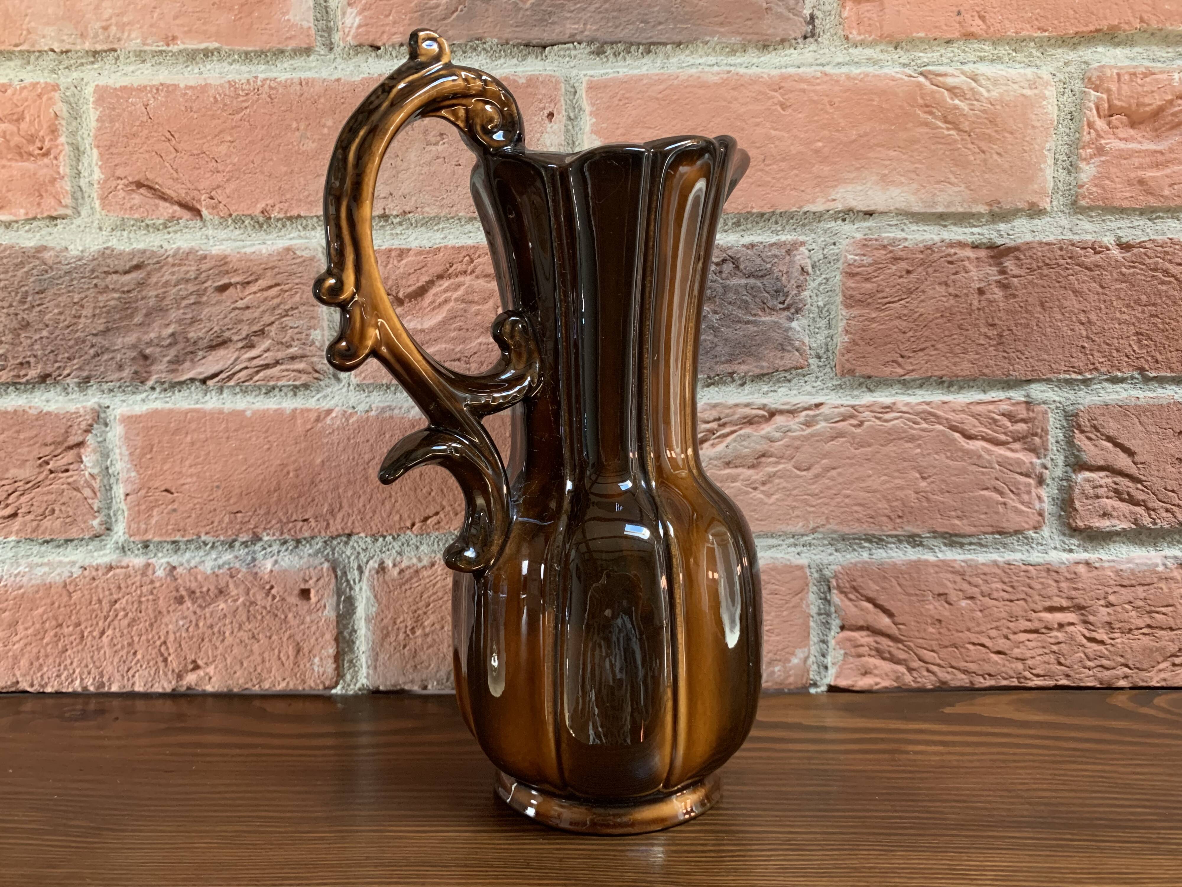 German Pitcher with Vertical Brown Stripes and Rococo Style Handle, Vintage Ceramic Made from Red Cl
