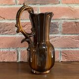 German Pitcher with Vertical Brown Stripes and Rococo Style Handle, Vintage Ceramic Made from Red Cl