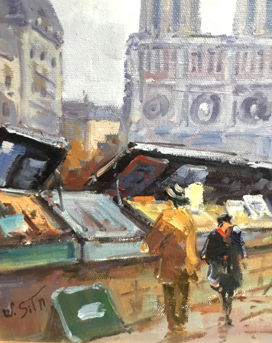 Walter Sita XX th Paris and the booksellers oil on framed canvas