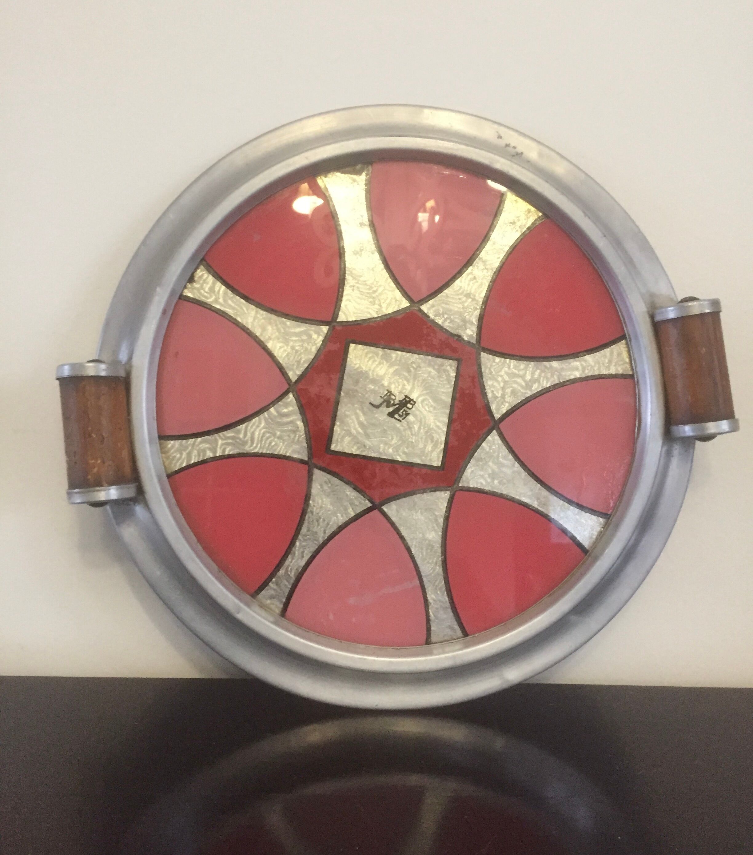 Plateau aluminium bois verre art déco vintage