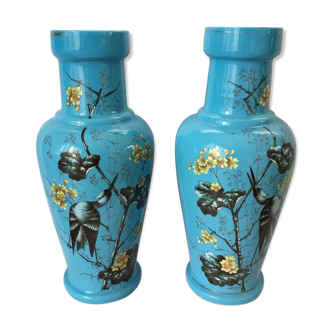 Set of two large antique vases in light blue opaline