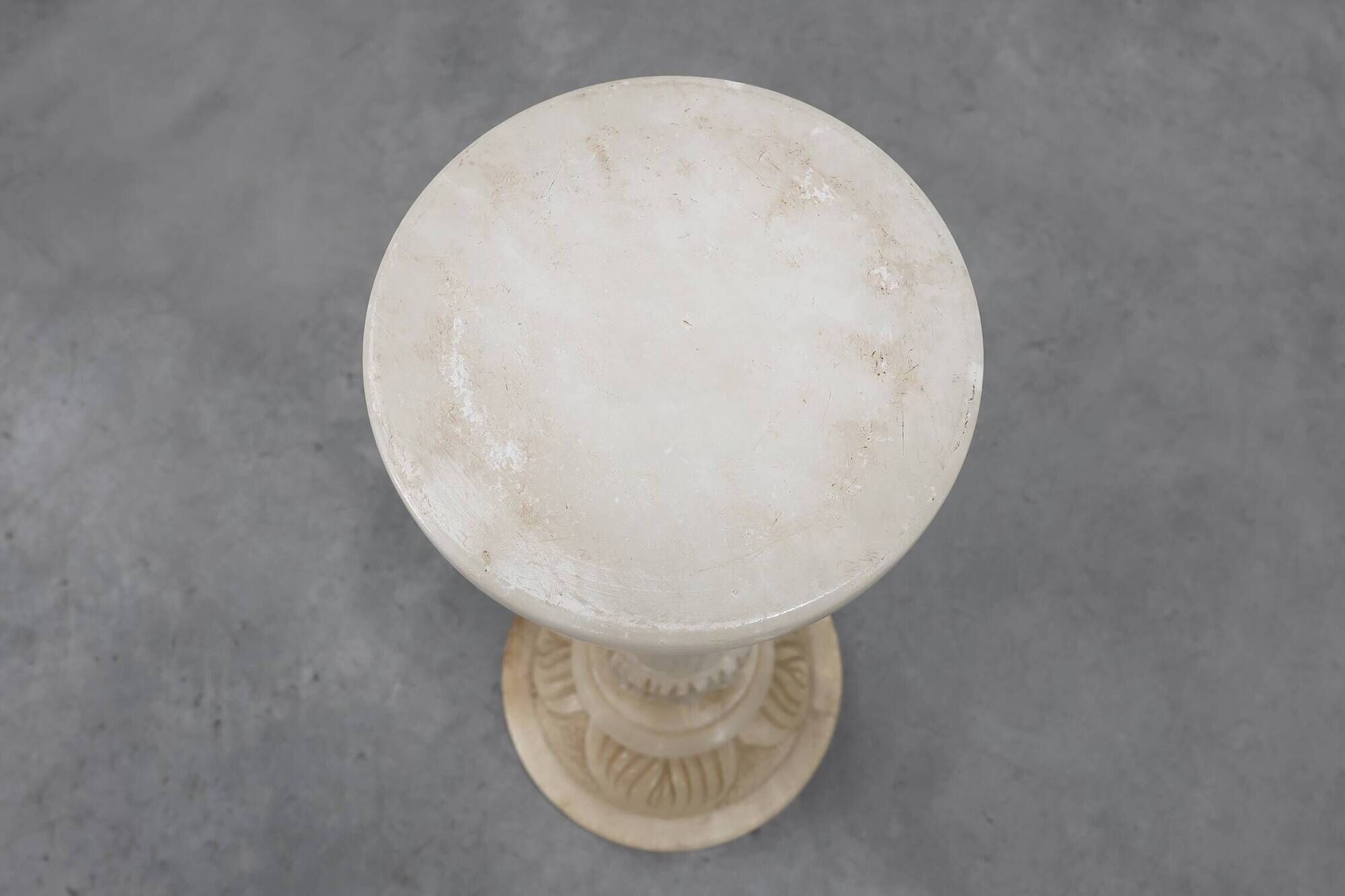 Italian Turned Alabaster Pedestal Column with Carved Leaf Capital