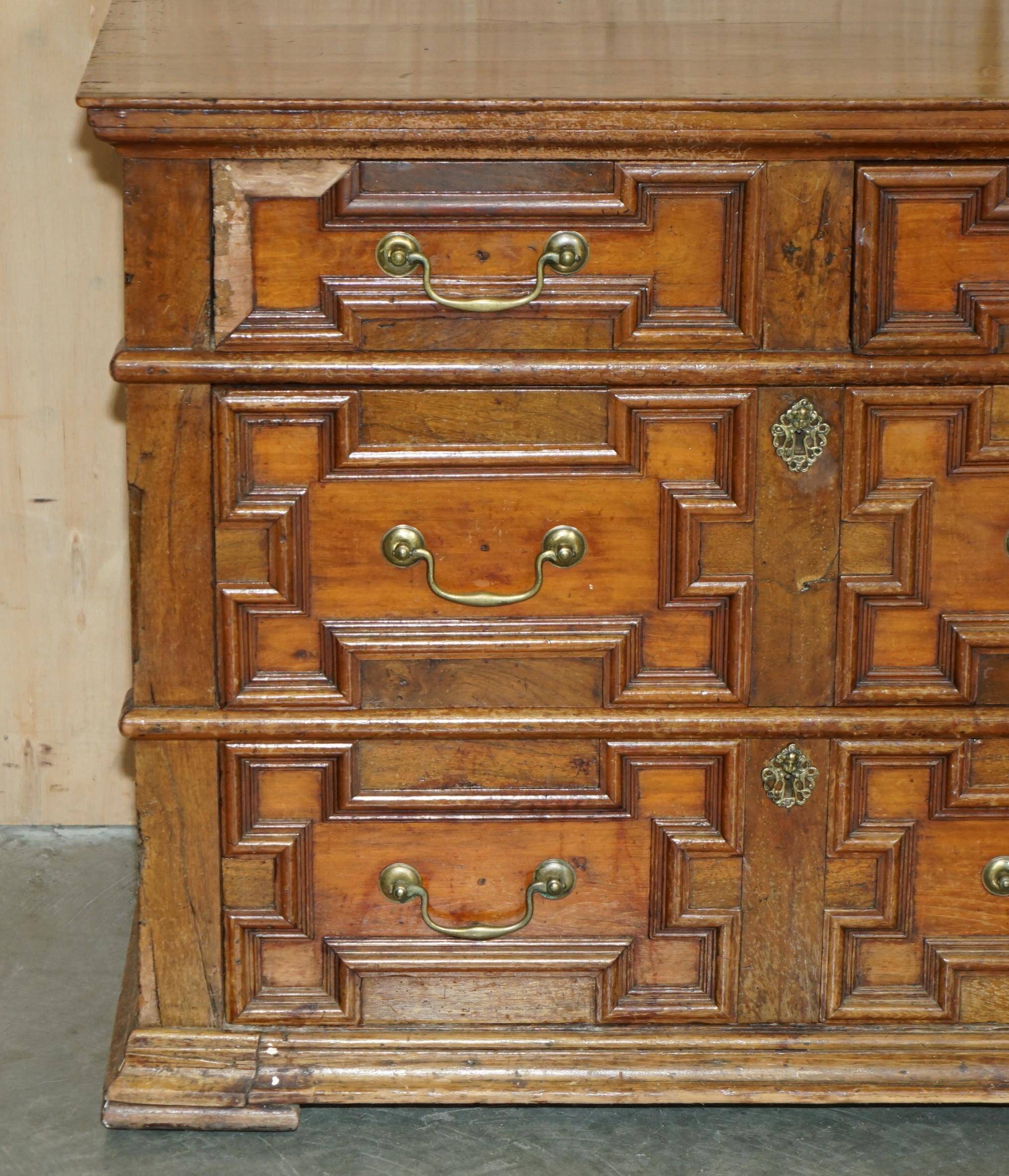 17th Century Antique Oak Commode with Two Rows of Drawers