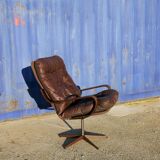 Armchair swivel vintage leather, wood and metal