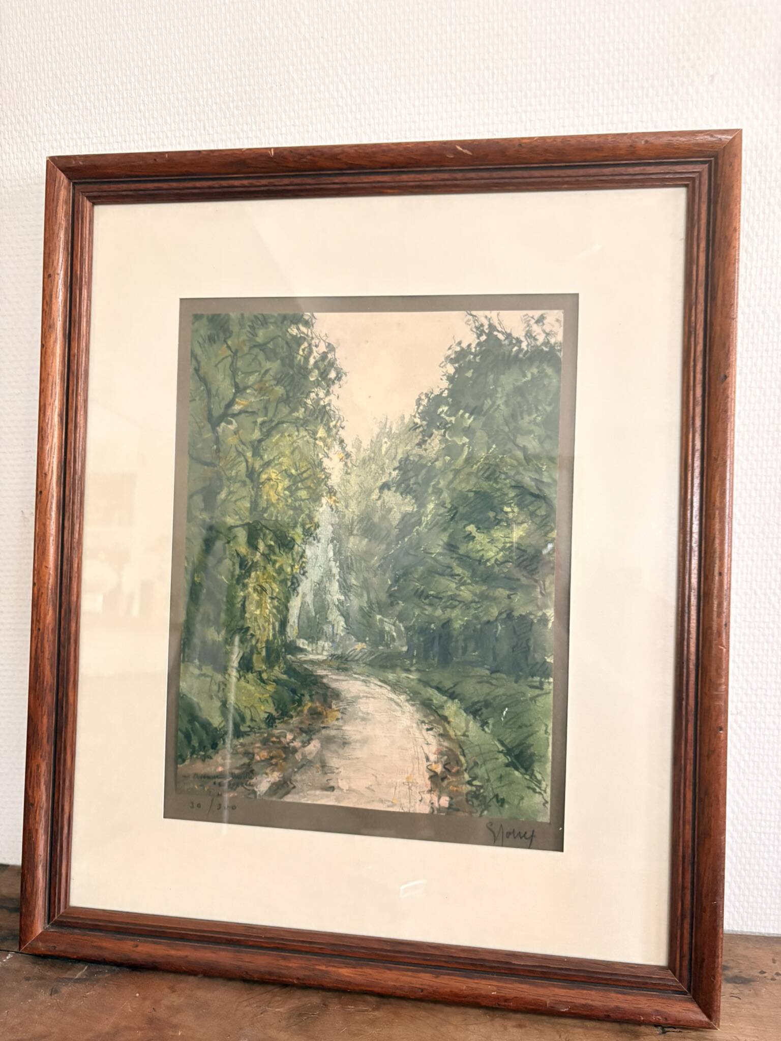 Enhanced Lithographic Engraving Path Under Wood Forest Tree Landscape Gilded